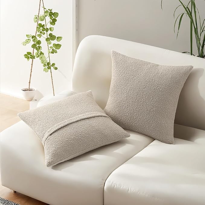 HAUSSY Set of 2 26x26 Decorative Throw Pillow Covers, Soft Cozy Euro Pillow Shams Textured Boucle, Home Decor for Couch Bed Living Room, Beige