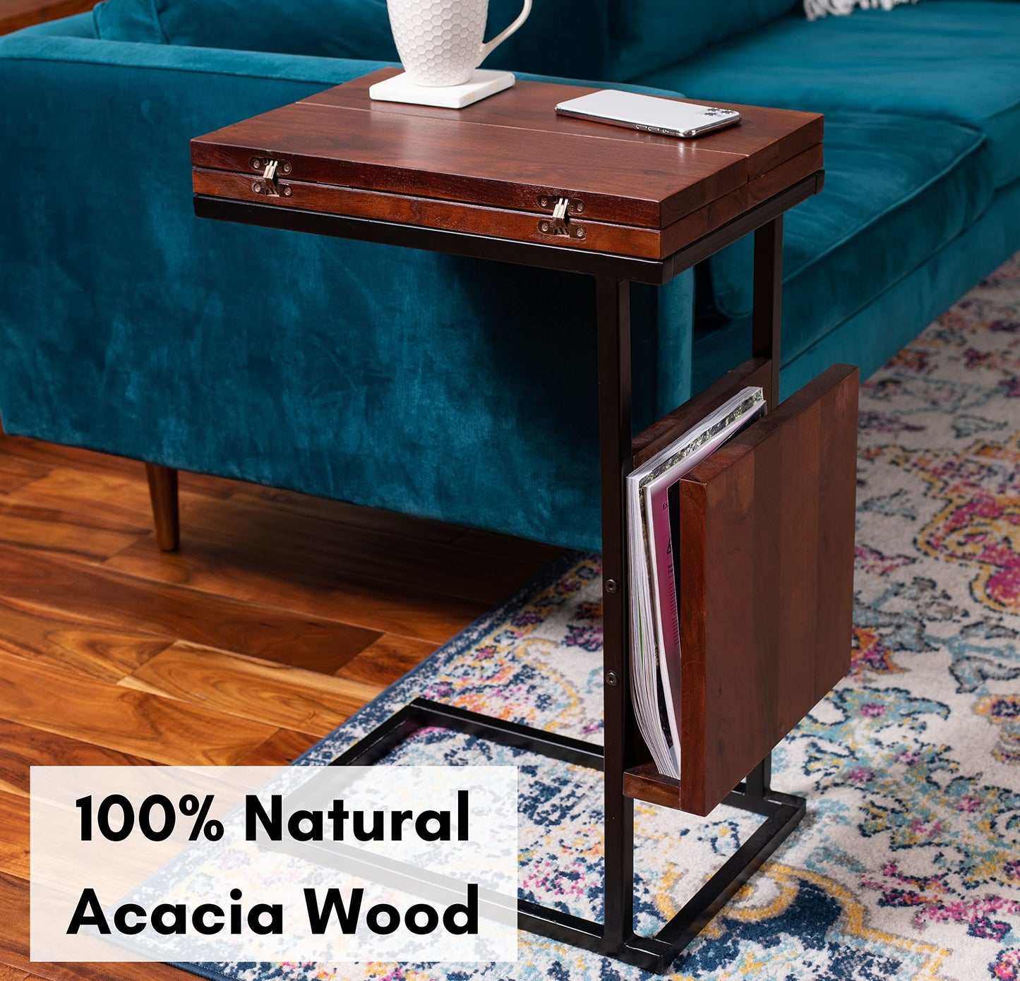 BIRDROCK HOME Acacia Wood Expandable C Shaped Side Table with Phone & Tablet Stand - Laptop TV Tray - Couch Desk - Bed Sofa Snack End Table - Living Room Chair