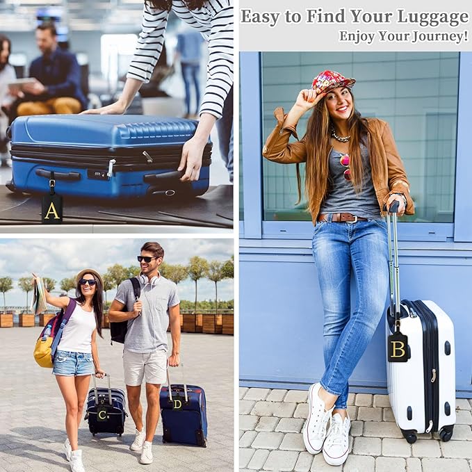 Personalized Initial Luggage Tags for Suitcase TSA Approved, Black Leather Cute Luggage Tag with Privacy Cover Name Card, Embroidered Custom Luggage Tags Travel Backpack Tags Gifts for Women Kids(J)