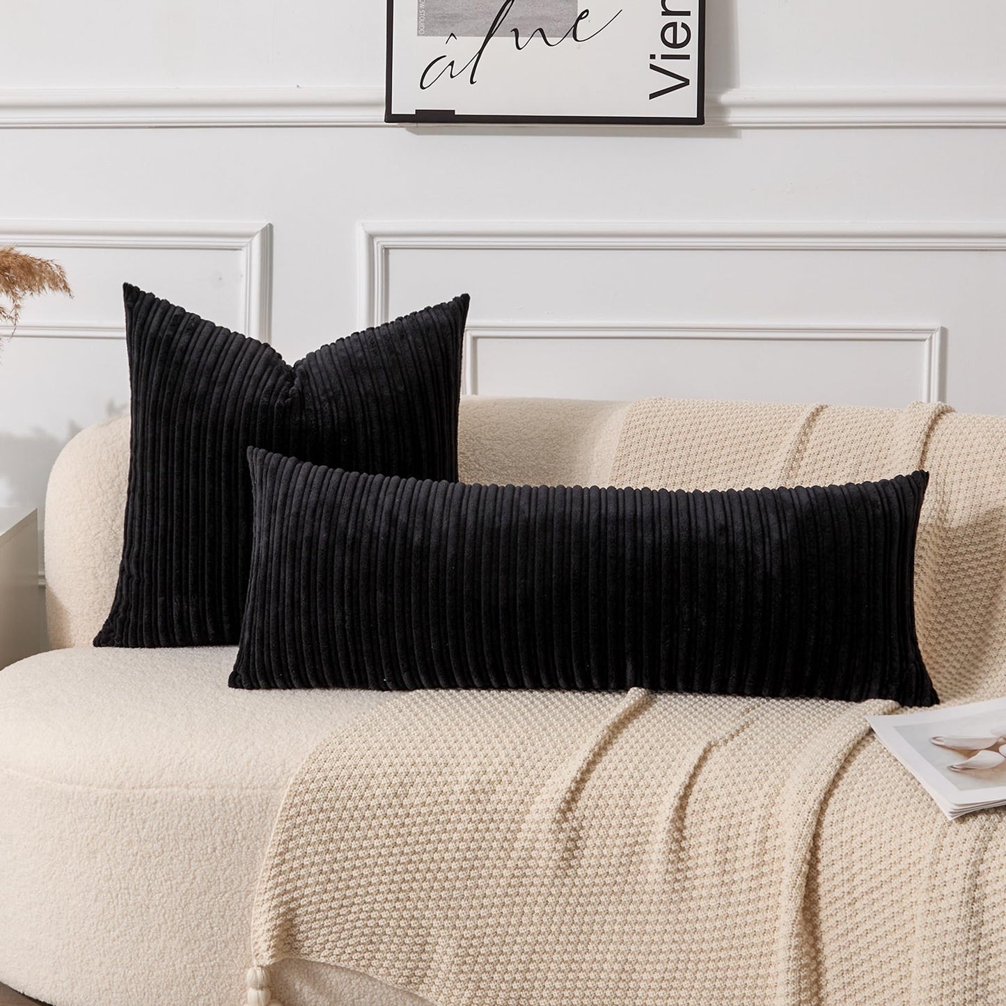 UGASA 14x36 Inch Pillow Cover Pack of 1 Soft Boho Stripe Corduroy Large Long Rectangular Lumbar Cushion Cover Farmhouse Decorative Throw Pillowcase for Bed, Couch, Sofa, Bedroom, Living Room, Black