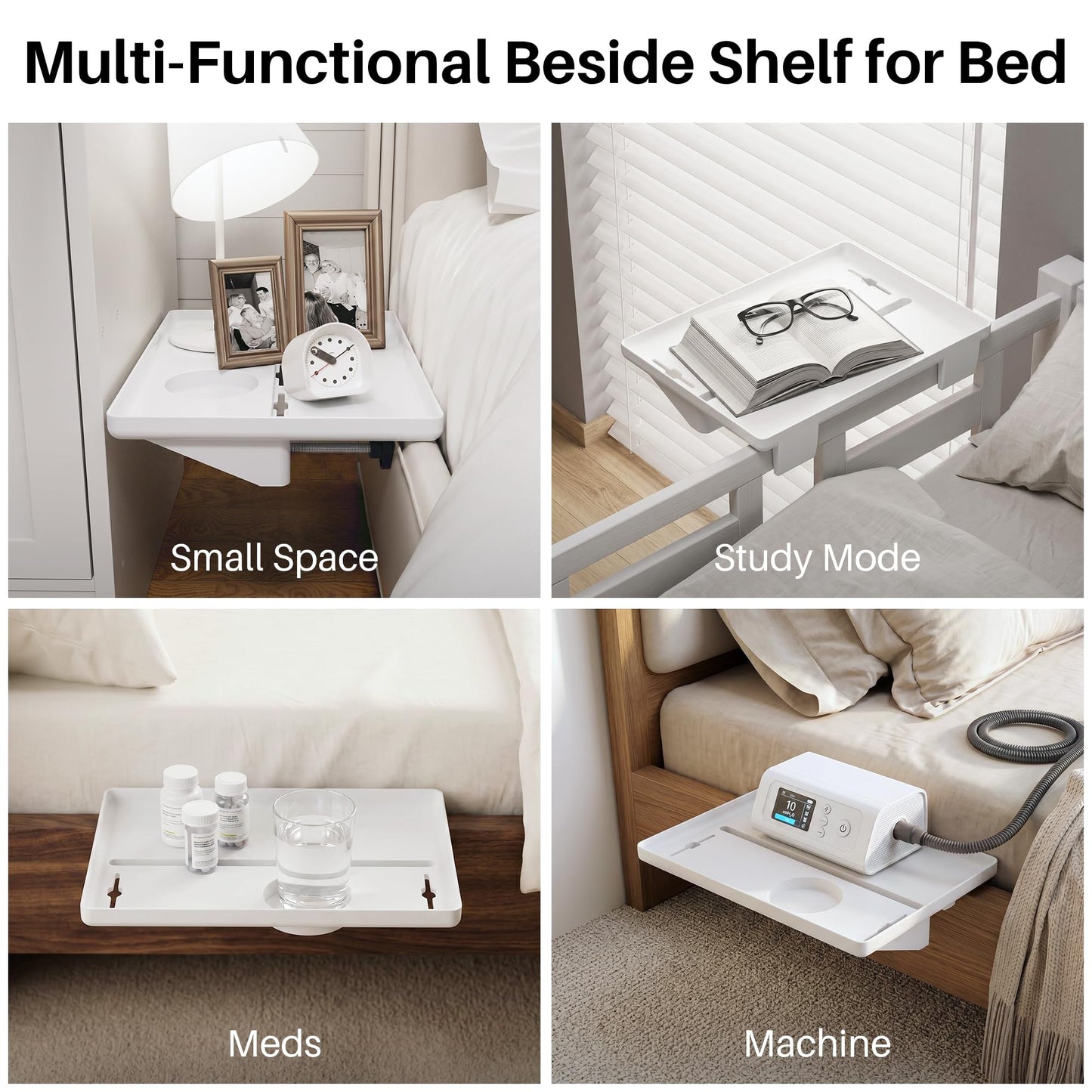JOYMOOP Clip-On Bedside Shelf for Bunk Beds, Dorm Room Essentials, Bedside Caddy, No-Tool Install Bed Side Table Storage for Loft, Platform Beds, Nightstand Caddy for Phone, Glasses, Book (White)
