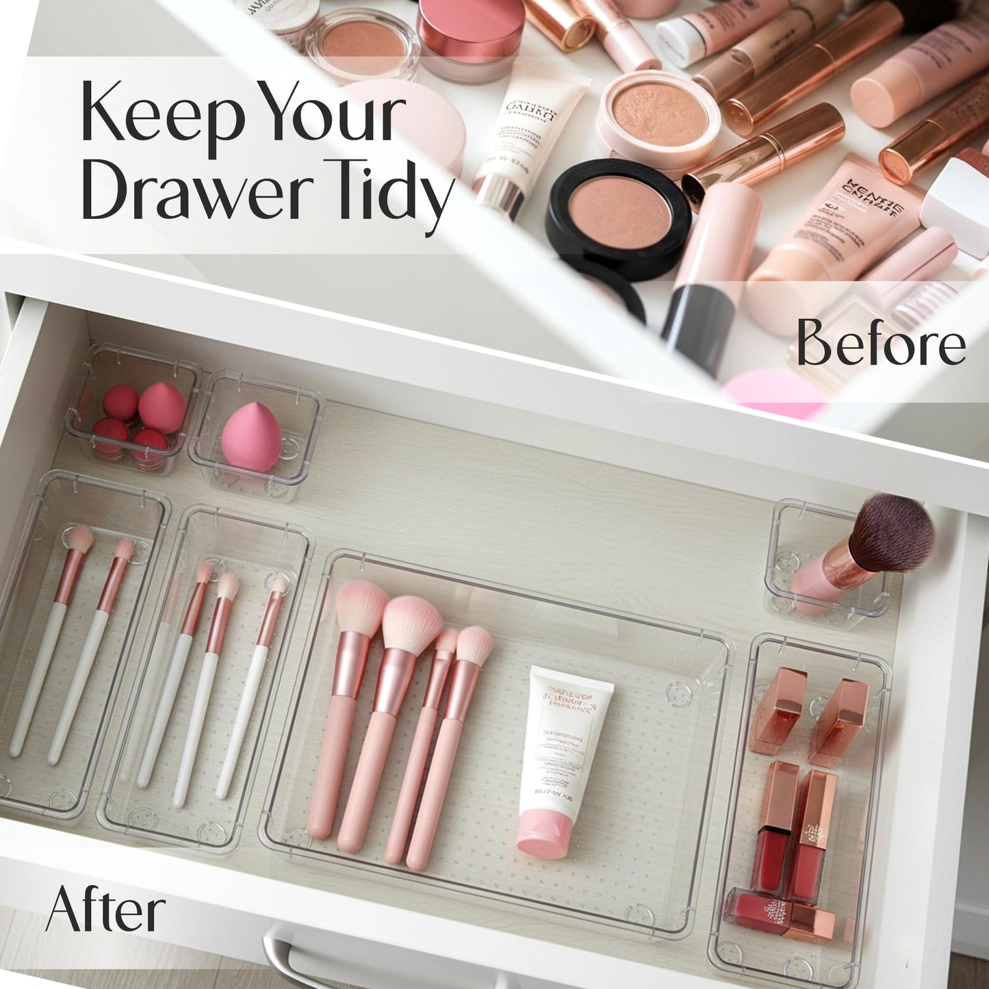 KICHLY 25 Piece Clear Drawer Organizer Set – Multi Size Storage Trays for Bathroom, Vanity, Makeup, Kitchen Utensils, Office & Bedroom - Office Desk Organizers & Caddy