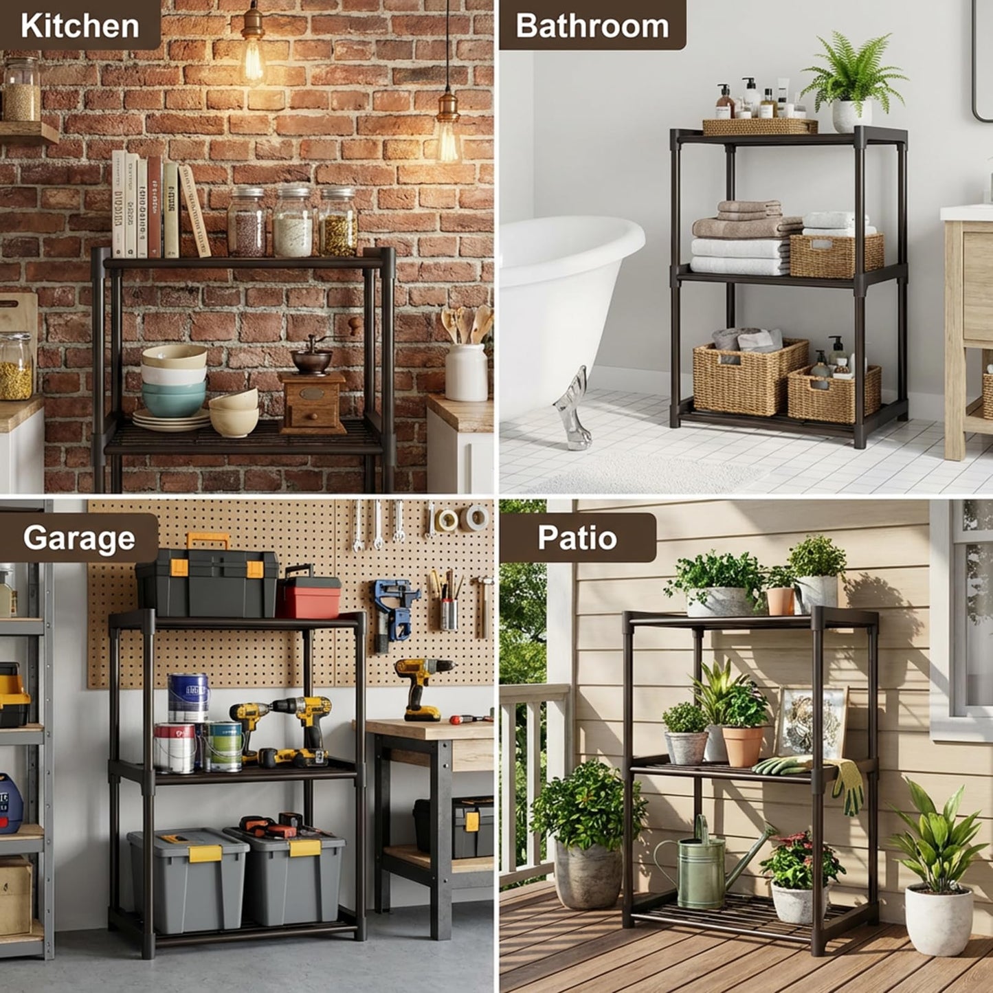 Tujurich 3-Tier Storage Shelves with Plastic Connectors – Metal Shelf Organizer for Pantry, Closet & Bathroom, Space-Saving Sturdy Shelving Unit Rack, Black, 17.3" x 12.8" x 28.9"