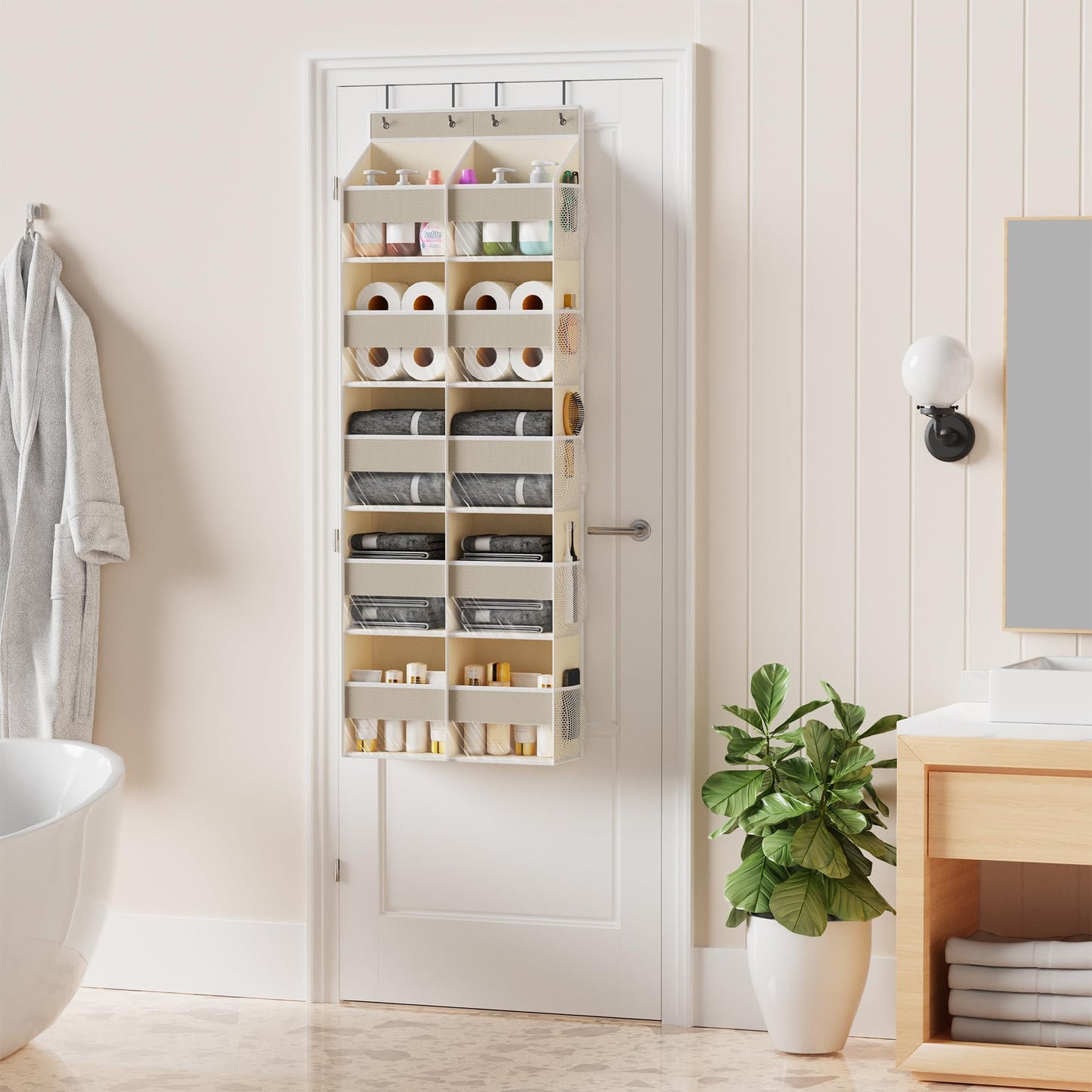 MAX Houser 5-Shelf Over The Door Hanging Organizer with 4 Metal Hooks，5 Pocket Over The Door Wall Mount Storage with Clear Windows for Bathroom Closet,Bedroom(Beige)