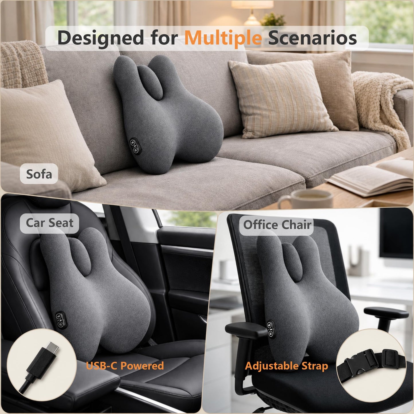 pluva Lumbar Support Pillow with Heat and Vibration Massage for Lower Back Pain Relief & Comfort, Ergonomic Memory Foam Back Cushion with Adjustable Strap for Office Chair, Car Seat and Sofa, Grey