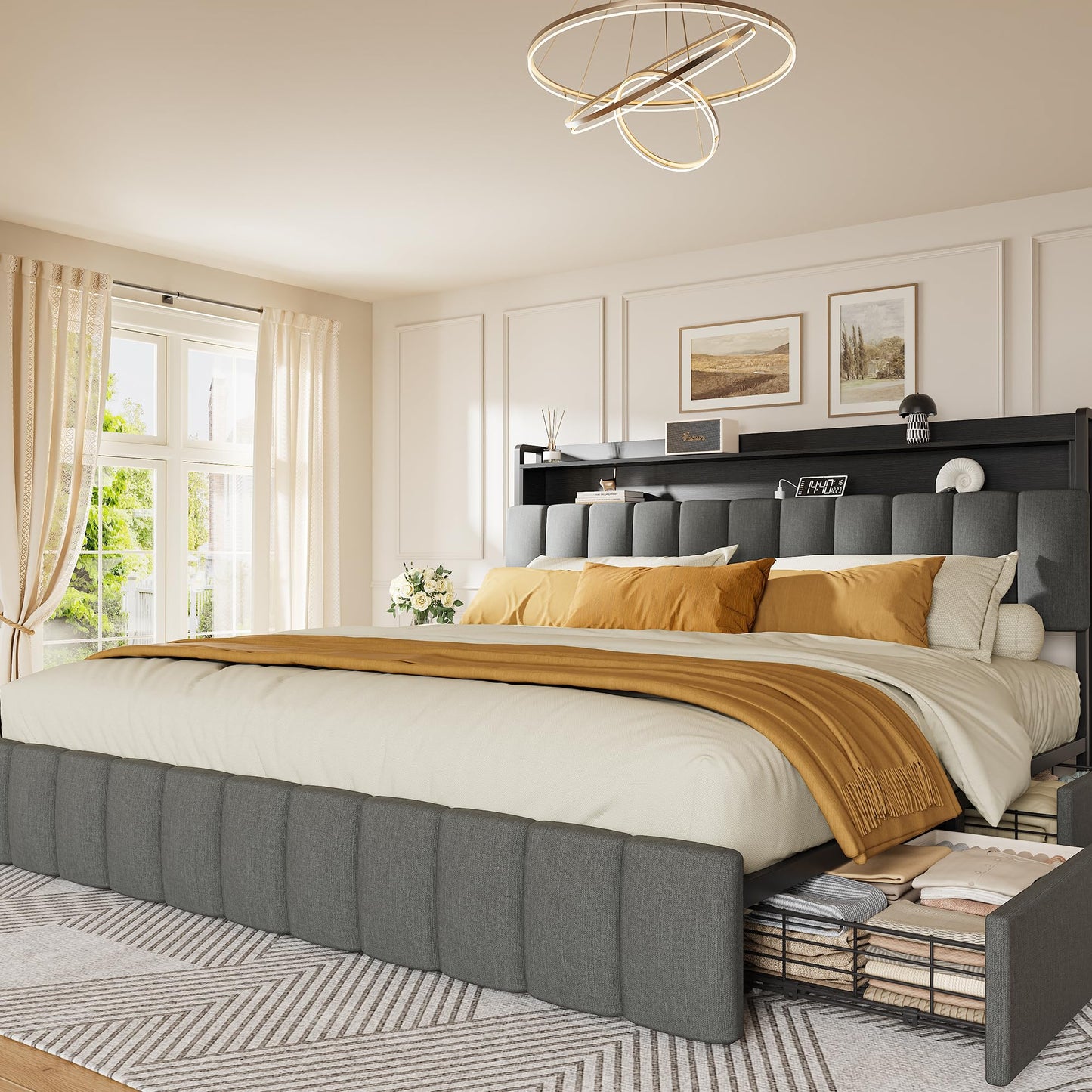 PRAISUN Bed Frame King Size with Upholstered Headboard & Charging Station, King Bed Frame with 4 Storage Drawers, 2-Tier Open Shelves, No Box Spring Needed, Slient Foam Strip, Easy Assembly, Grey
