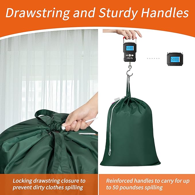 Polecasa Extra Heavy Duty Large Laundry Bag with Sturdy Handles and Drawstring Closure, 2 Pack 28 x 36 inches Durable Storage Bags for Basket, Hamper, College, Dorm, Travel, Green