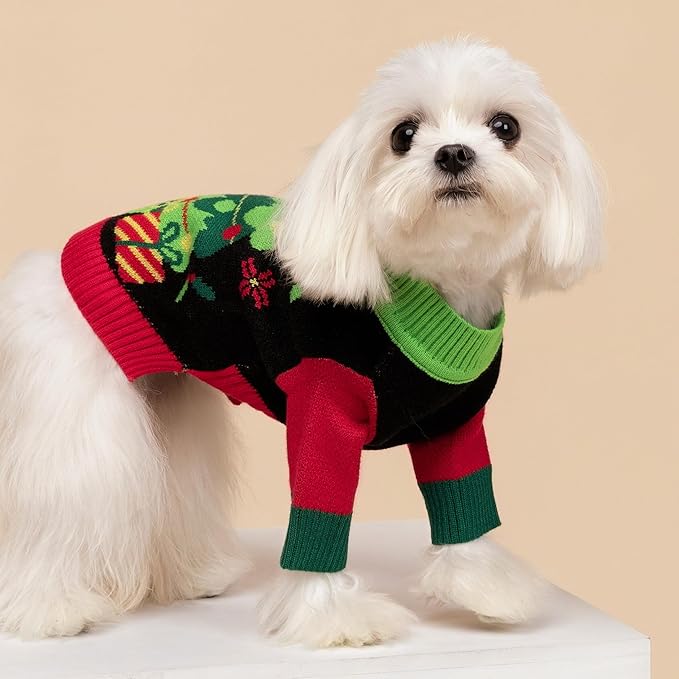 Fitwarm Cozy Dog Christmas Sweater, Thermal Winter Clothes for Small Dogs, Boy & Girl, Holiday Pet Apparel, Black, Red, Green, Yellow, Large