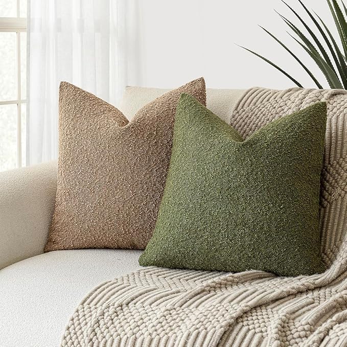 Foindtower Decorative Textured Boucle Throw Pillow Covers Accent Solid Pillow Cases Neutral Soft Cozy Couch Cushion Case for Chair Sofa Bedroom Living Room Home Decor 24 x 24 Inch,Green