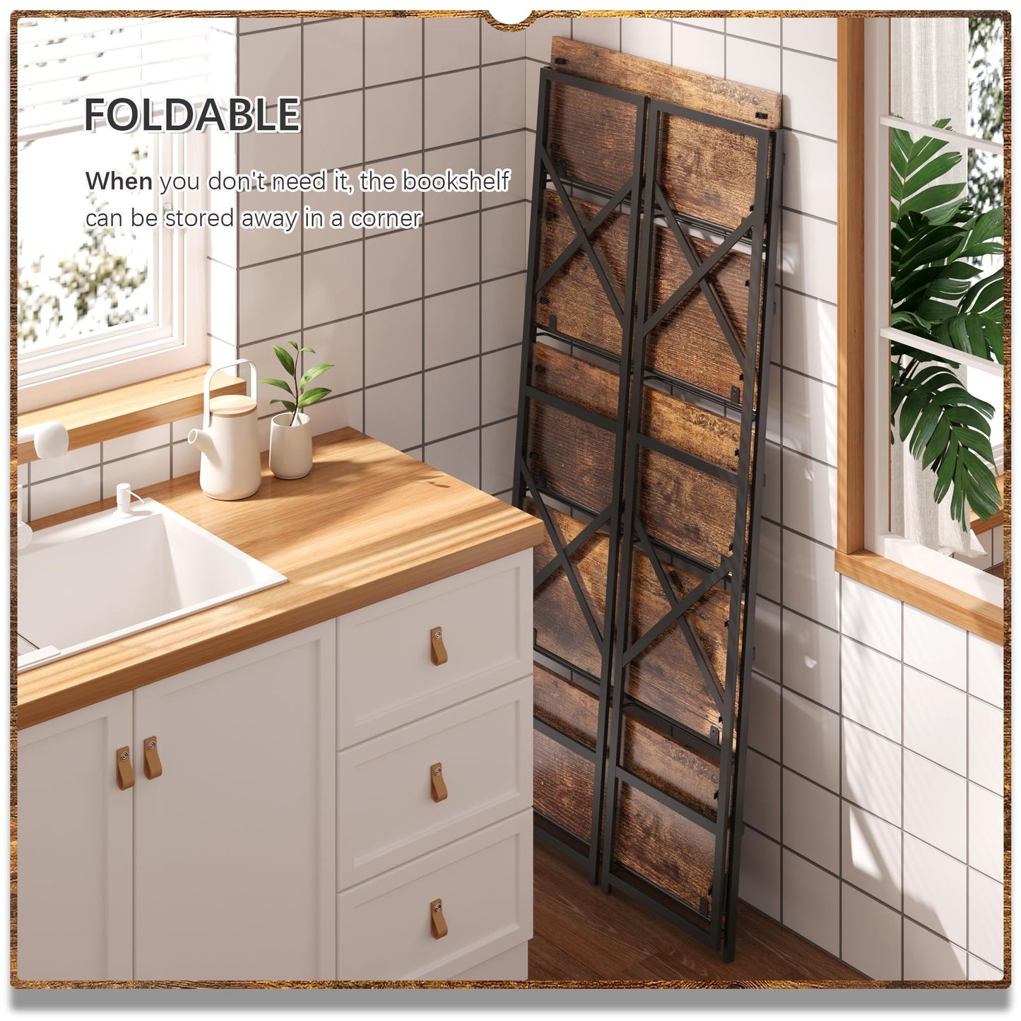 4NM 5 Tiers No Assembly Book Shelves, 51.2" H Folding Bookshelf Bookcase Open Industrial Foldable Shelves for Bedroom, Living Room, Home Office - Rustic Brown Black