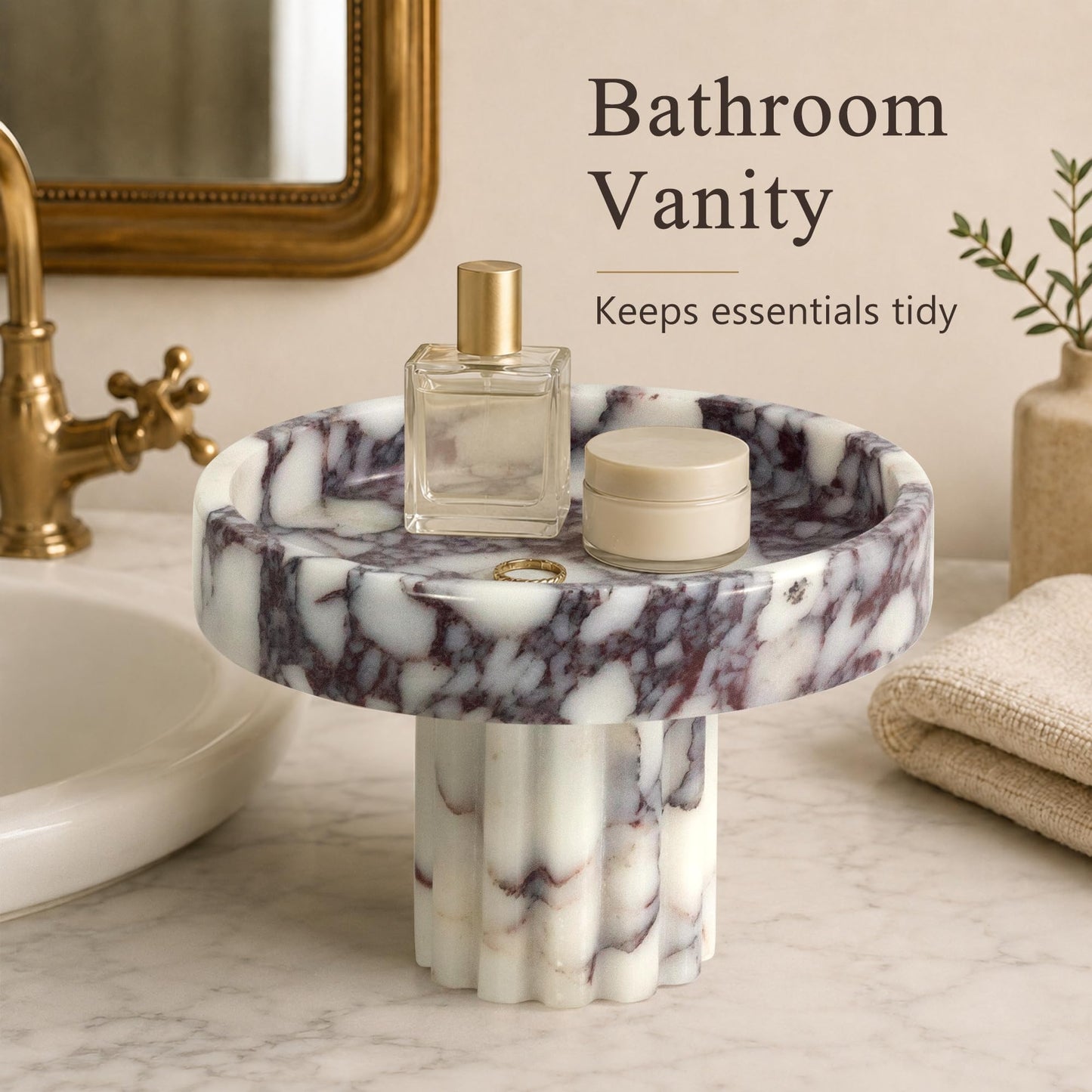 YMXYJM,Natural Marble Pedestal Tray,Decorative Display,Calacatta Viola
