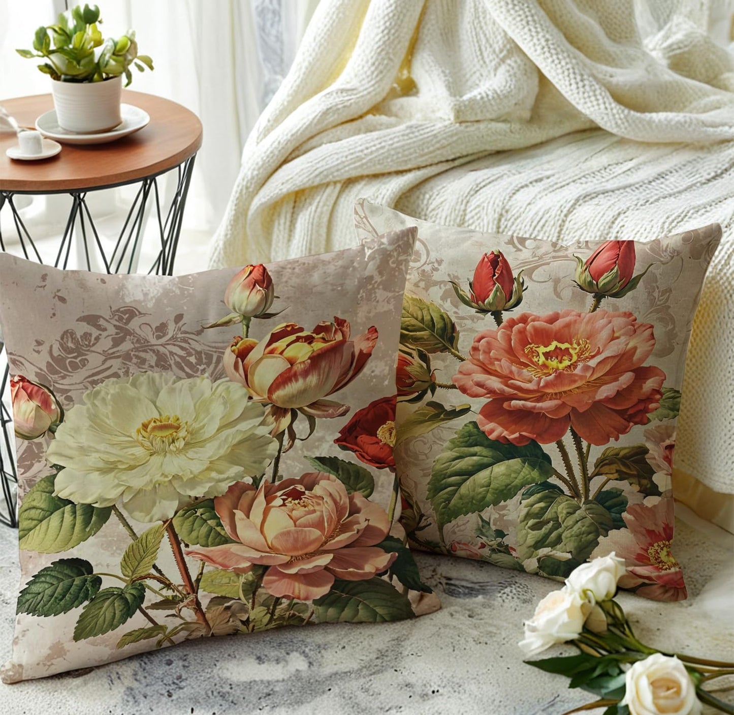 JAERUE Vintage Rose Flower Throw Pillow Covers Set of 2 Shabby Chic Red Floral Cushion Cases Spring Farmhouse Retro Botanical Pillow Covers 18"x18", for Couch, Bedroom & Living Room(Red/Brown)