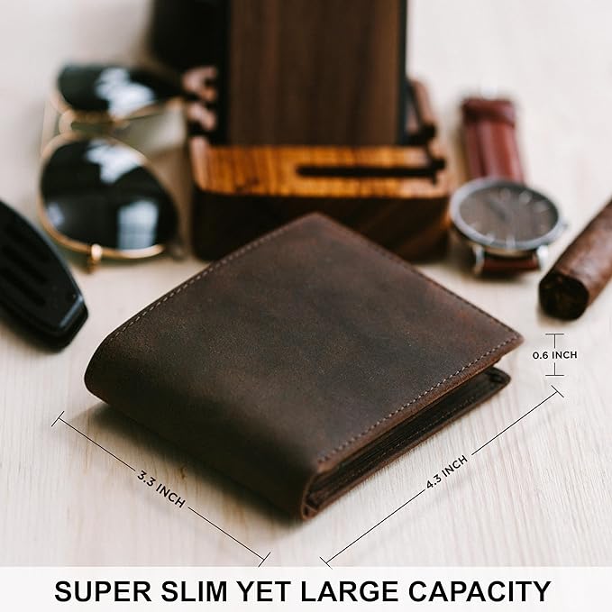 STAY FINE Personalized Wallet for Men, Custom Engraved Leather RFID Blocking Bifold, 2 ID Windows, 8 Card Slots, Gift for Him, Brown