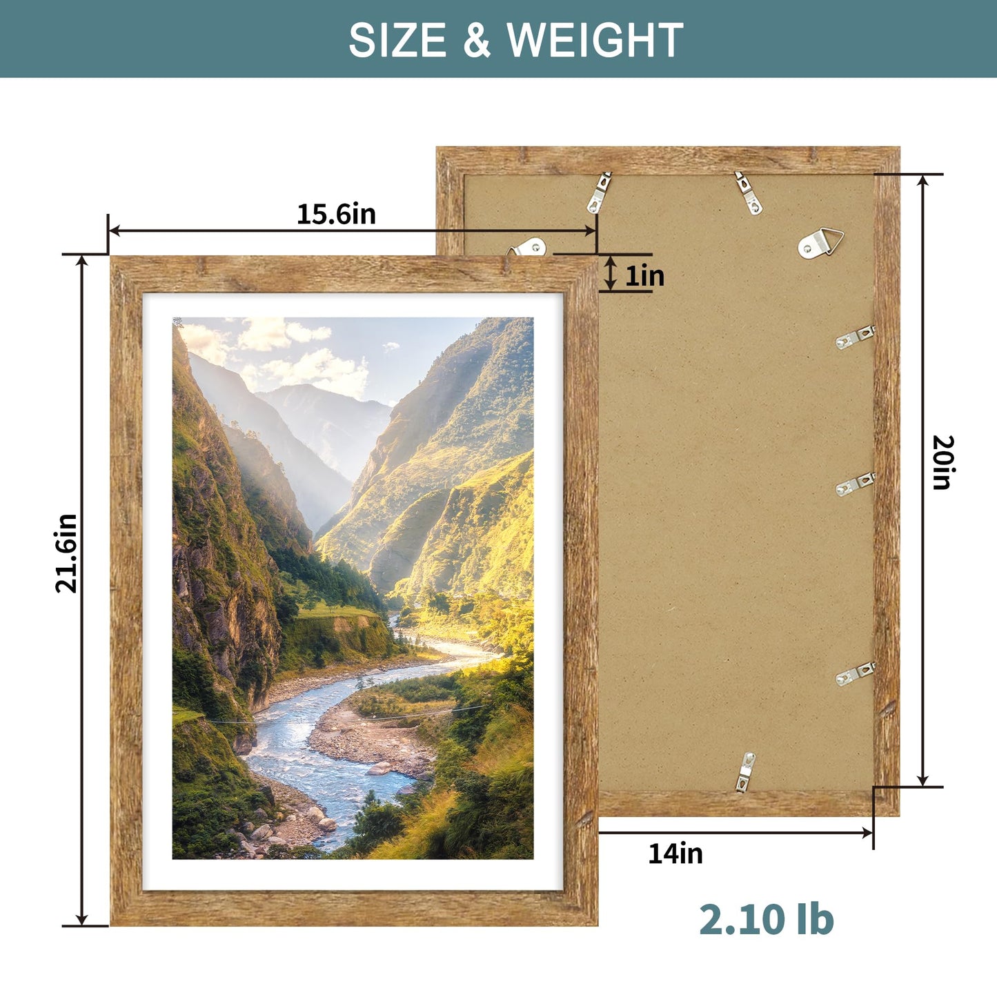 iRahmen 14x20 Picture Frame Set of 2, Brown Rustic Wood Poster Frame with Plexiglass, Display 12x18 Pictures with Mat or 14 x 20 Without Mat for Horizontal or Vertical Wall Mounting
