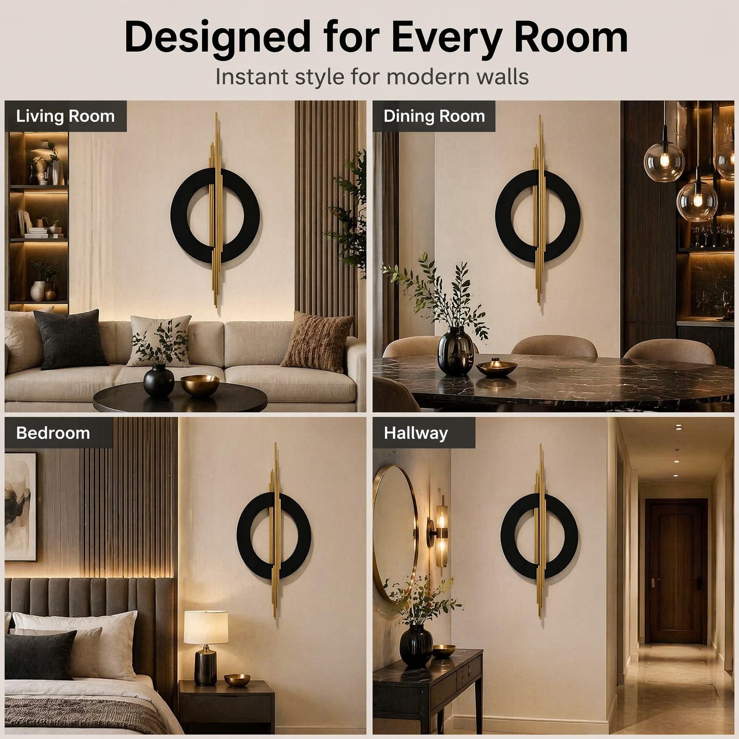 JFUJFU Large Black And Gold Metal Art 3d Wall Decor with Geometric Round & Line for Living Room & Bedroom