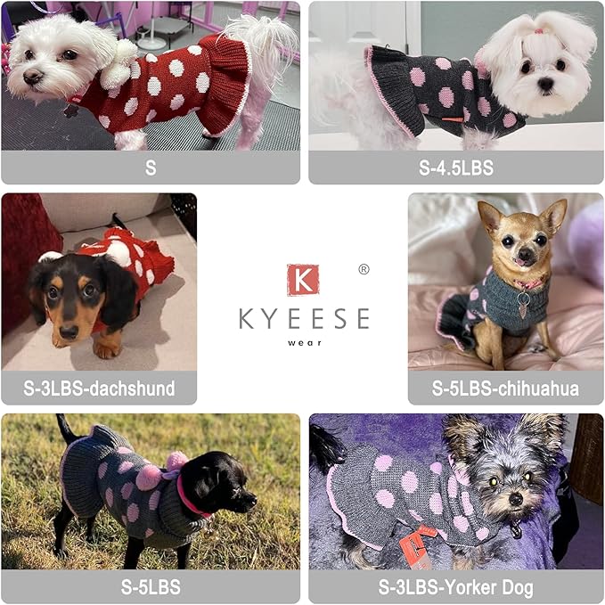 KYEESE Dog Sweater Dress Polka Dot Dog Sweater for Girl with Leash Hole Knit Warm Dogs Clothes with Pom Pom Ball for Fall Winter