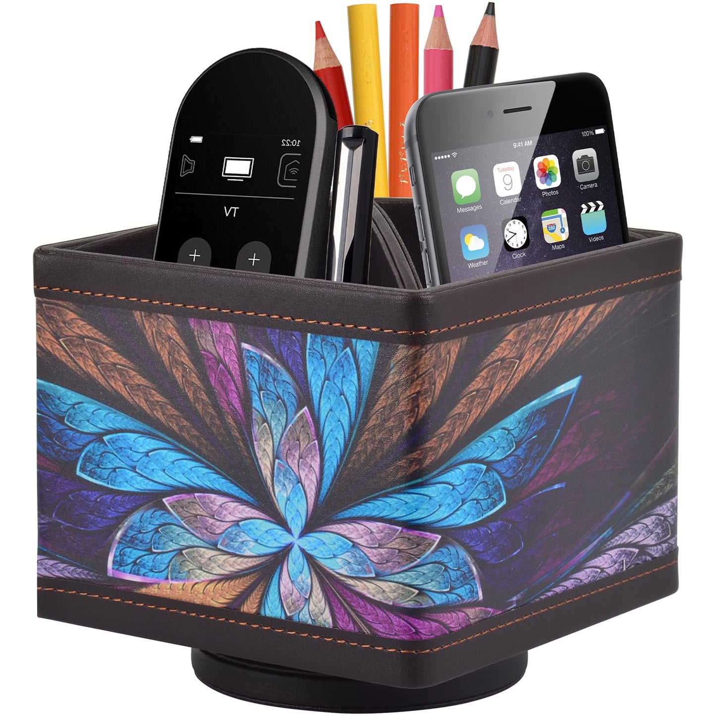 RHCSZ Square Leather 360°Rotatable Pencil Holders,Remote Control Holder,Spinning Bedside TV Remote Caddy,Desktop Organizer for Pen,Media Controller,Phone,Glasses,Office Supplies Storage Box(Blue)