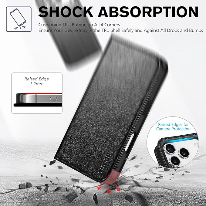 TUCCH Case Wallet for iPhone 17 Pro (6.3") 2025, RFID Blocking, 3 Card Holders, Kickstand, PU Leather, Protective Flip Folio Cover, TPU Shockproof Interior Shell, Textured Black