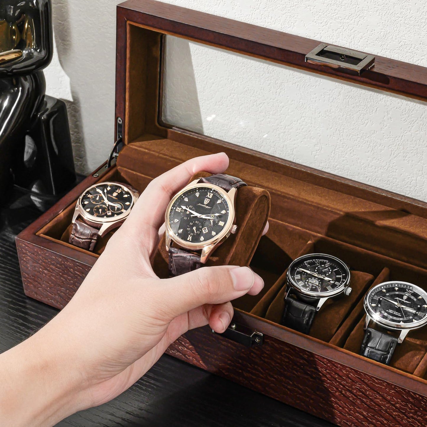 ProCase Wooden Watch Box for Men, 6 Slot Watch Display Case Mens Watch Box Organizer, Wood Watch Case for Men Watch Storage, Watch Holder Organizer with Glass Lid -6 Slot, Espresso