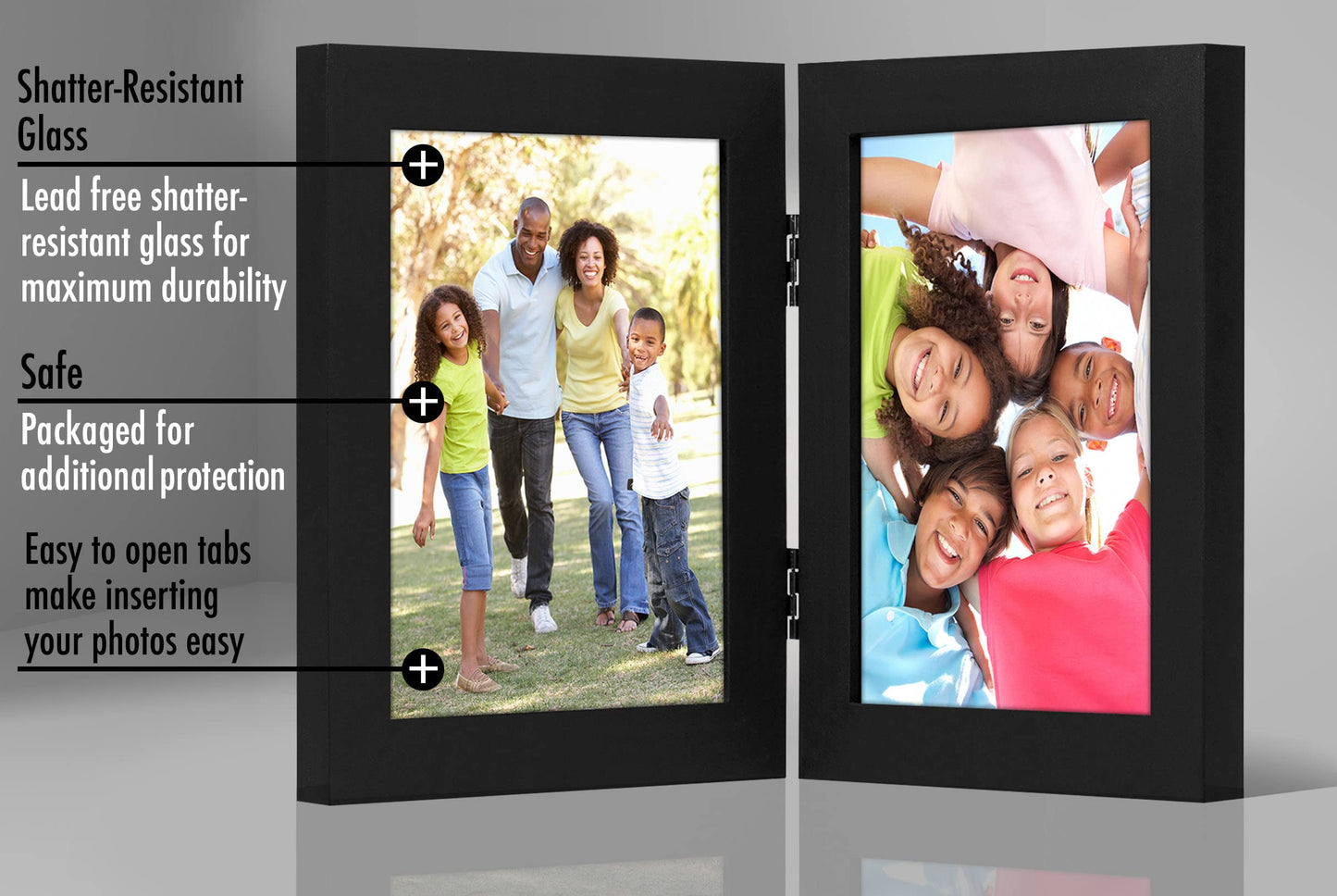 Americanflat Hinged 8x10 Picture Frame with Shatter-Resistant Glass - Double Picture Frames with Engineered Wood - Signature Collection - Photo Frame for Tabletop Display - Black