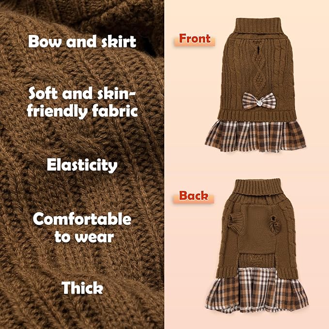 YUDODO Small Dog Sweater Dress with Bowtie Turtleneck - Knitted Pet Girl Dog Winter Clothes - Pet Warm Sweater for Puppy Yorkies, Chihuahua (M Brown)