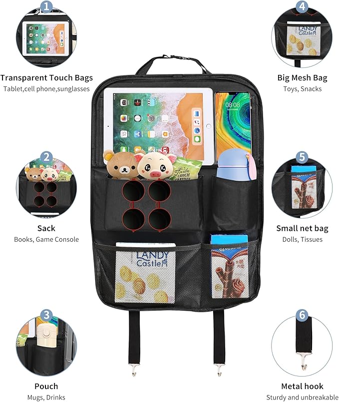 Backseat Car Organizer with Touch Screen Tablet Holder, Storage Pockets, Foldable Food Tray, Kick Mats Back Seat Protector, Travel Accessories for Kids and Adults (Upgraded Rear Organizer-2pcs)