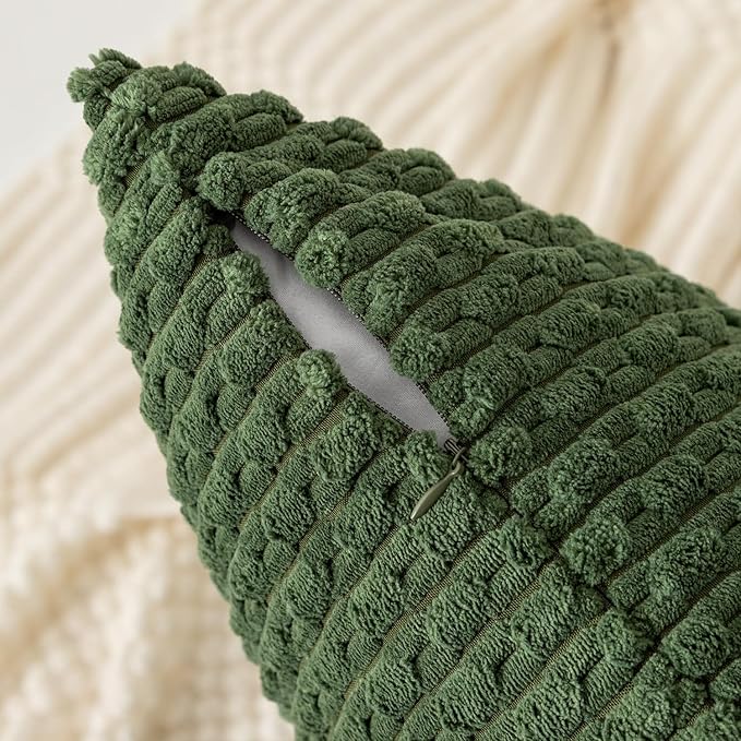 Kevin Textile Throw Pillow Covers Soft Corduroy Decorative Set of 2 Boho Striped Pillow Covers Pillowcases Farmhouse Home Decor for Couch Bed Sofa Living Room 12x20 Inch Moss Green