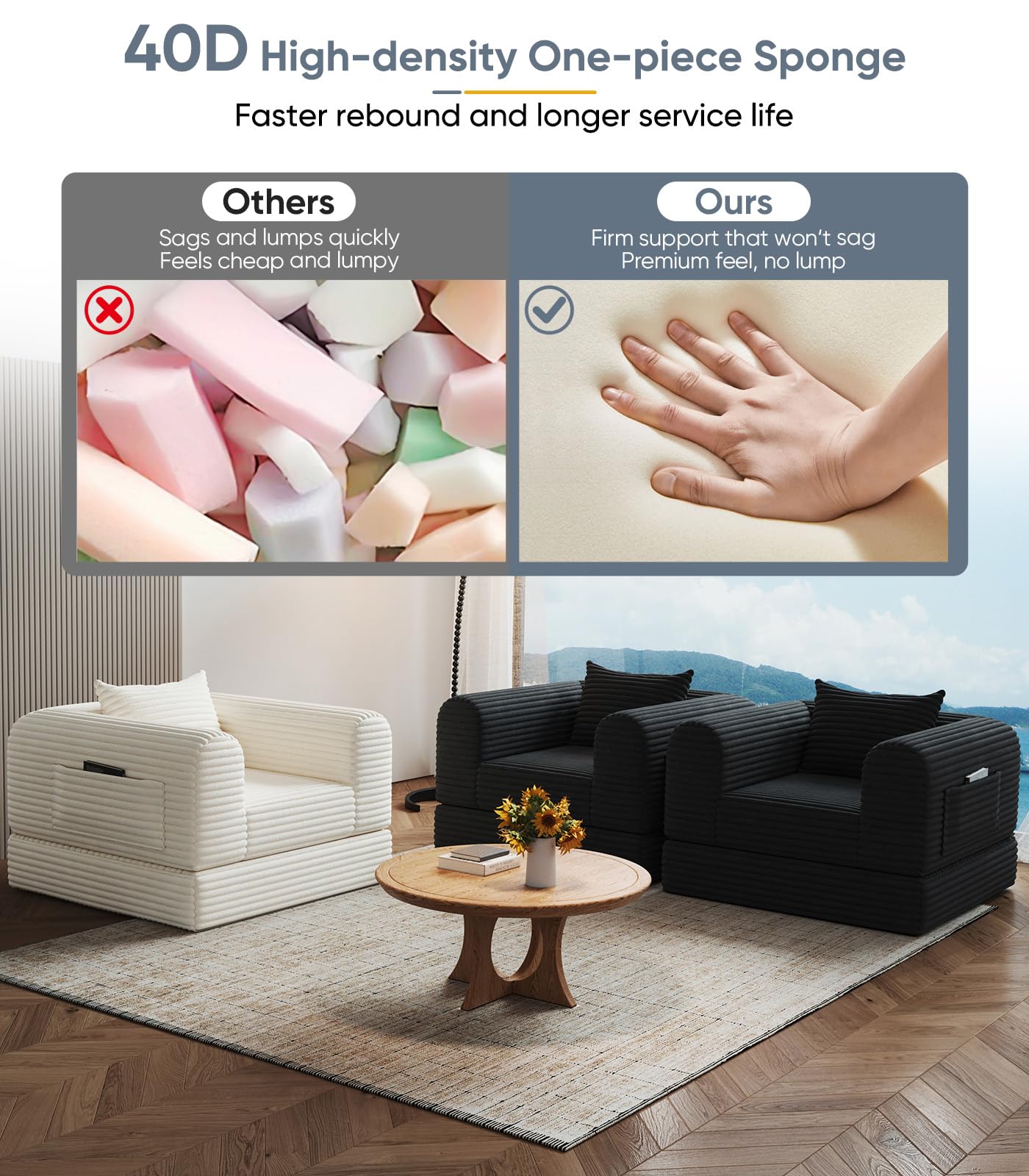 Versatile 2 in 1 Boneless Armchair Chaise Lounge Chair Indoor, Convertible Sleeper Chairs Couch Folding Sofa Bed Oversized Comfy Futon Floor Sofa BeanBag for Reading Nook Living Room Bedroom