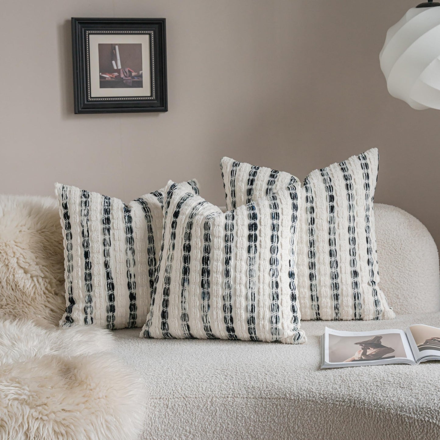 Caflife Boho Throw Pillow Covers 22x22 Inch Set of 2, Farmhouse Black Striped Textured Chenille Decorative Couch Pillow Cases, Rustic Accent Cushion Covers for Sofa Bed Living Room Bedroom