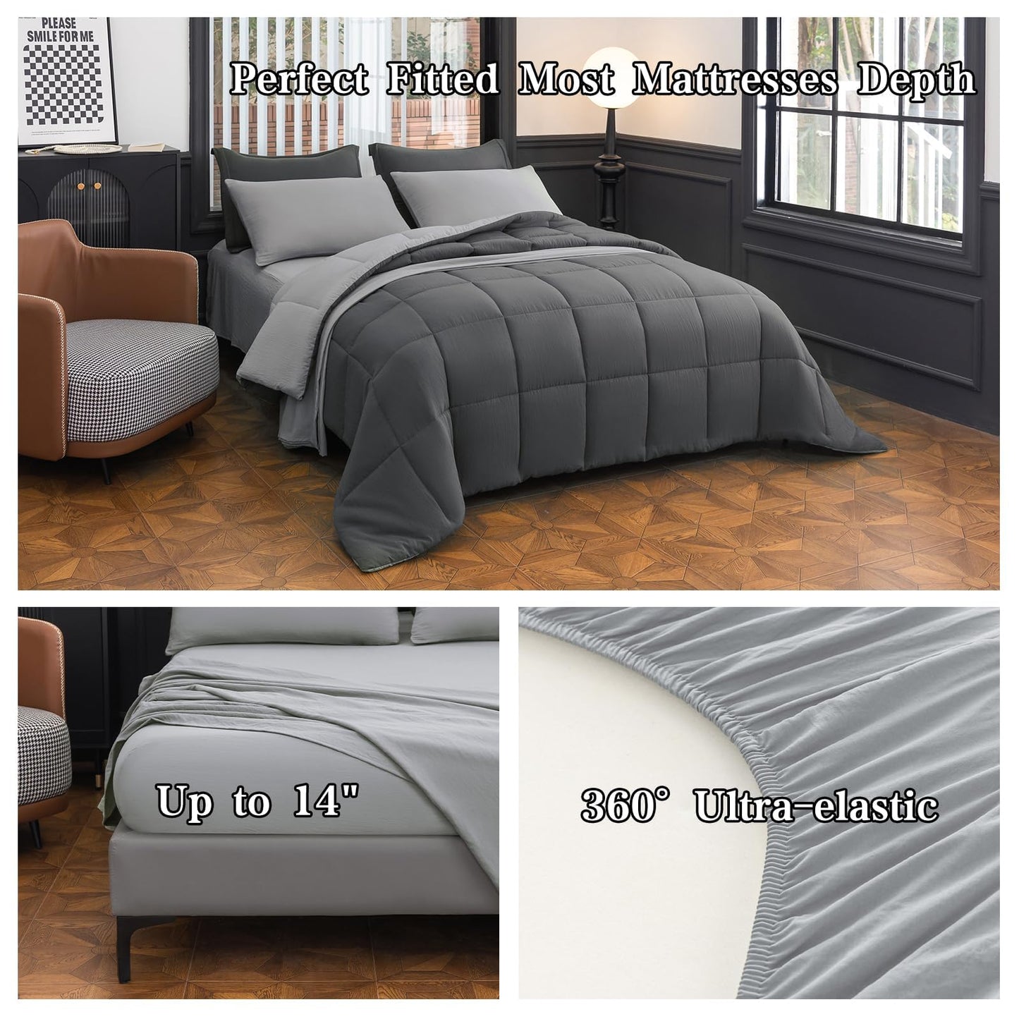 LETSLEEP Queen Size Comforter Set - 8-Piece Gray Luxury Bedding with Reversible Microfiber Lightweight Comforter, Bed Skirt, Flat Sheets, Pillowcases & Pillow Shams