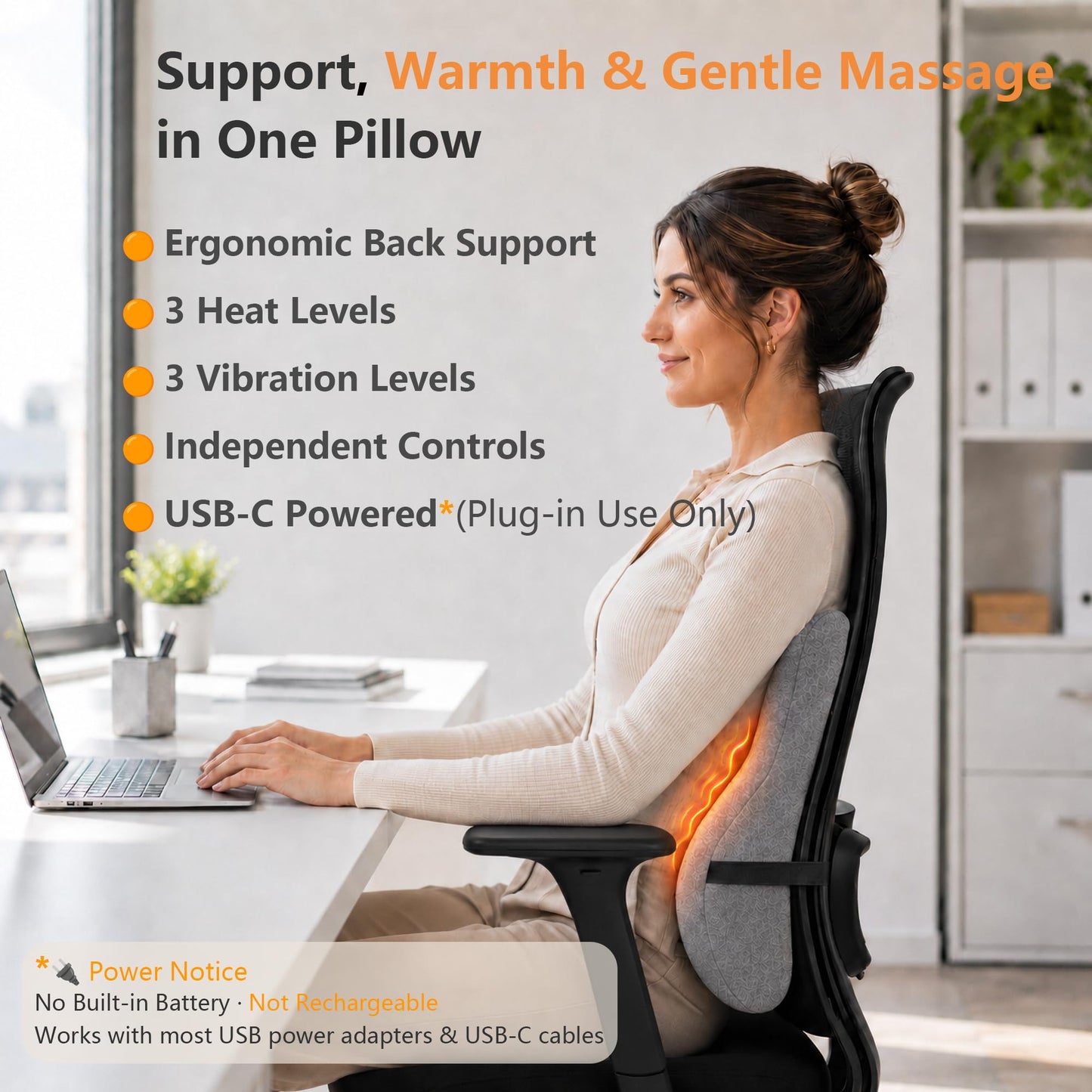 pluva Lumbar Support Pillow with Heat and Vibration Massage for Lower Back Pain Relief & Comfort, Ergonomic Memory Foam Back Cushion with Adjustable Strap for Office Chair, Car Seat and Sofa, Grey