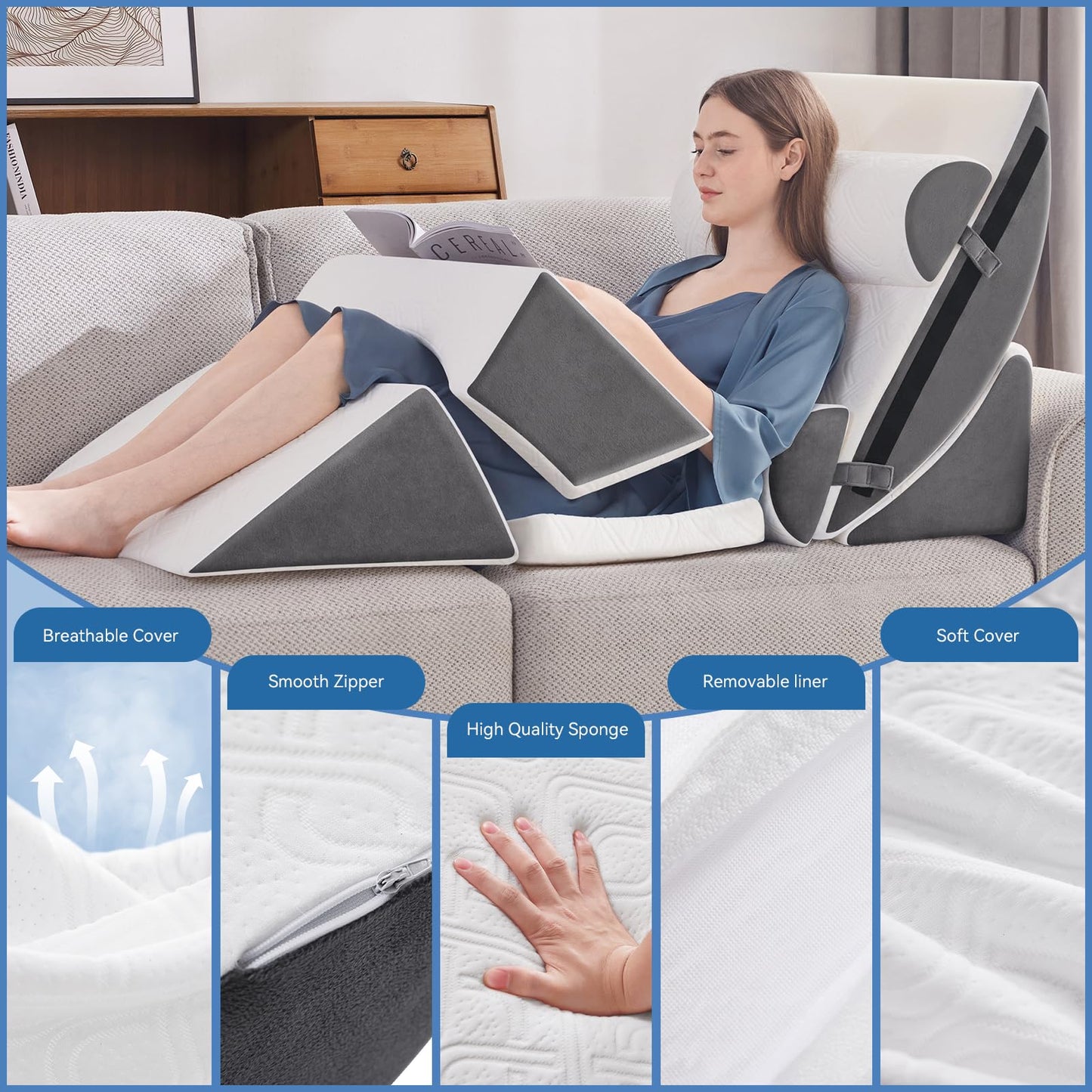 Negwoo Wedge Pillow Set for After Surgery, 7 PCS Bed Wedge Pillow for Sleeping, Memory Foam Orthopedic Back Pillow for Pain Relief and Acid Reflux, Adjustable Post Surgery Pillow Grey