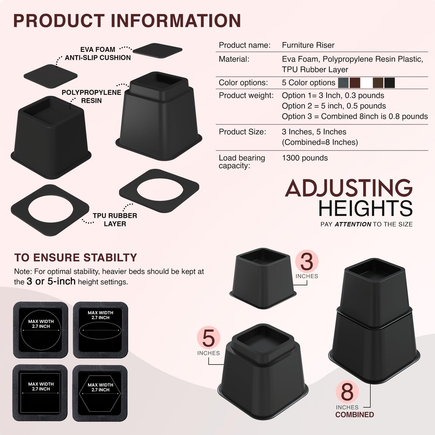 Utopia Bedding Bed Riser, 3 & 5 Inches Adjustable Furniture Risers for 8 Inch Combined Furniture Lift, Under Bed Storage & Dorm Room Essential, Supports Up to 1,300 lbs (4 Set, Black)