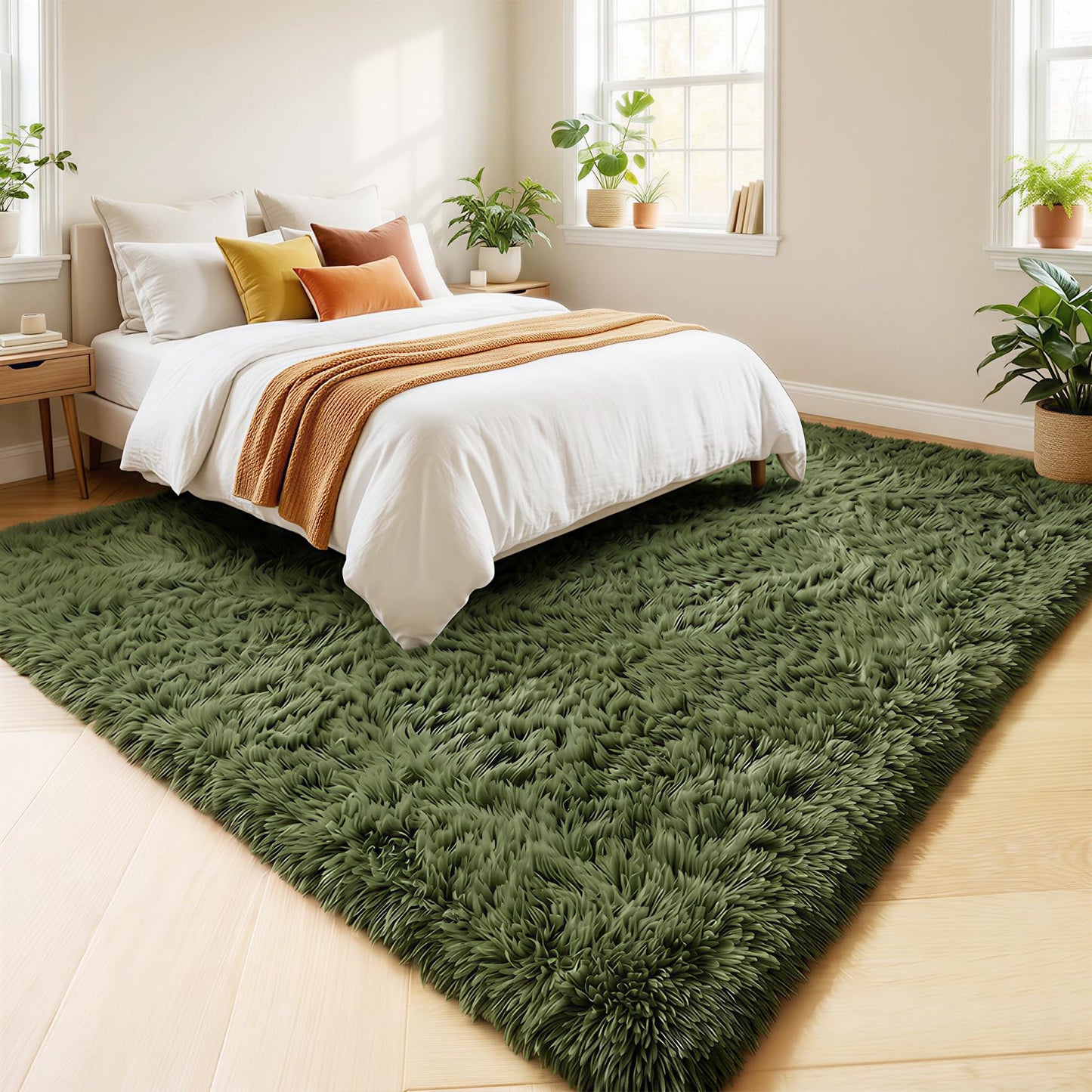 Amdrebio Olive Green Rugs for Bedroom Living Room, Fluffy Shaggy Modern Area Rug 4x6 for Girls Boys Kids Room Decor, Soft Plush Fuzzy Furry Cool Carpet for Nursery Classroom Dorm Playroom Apartment