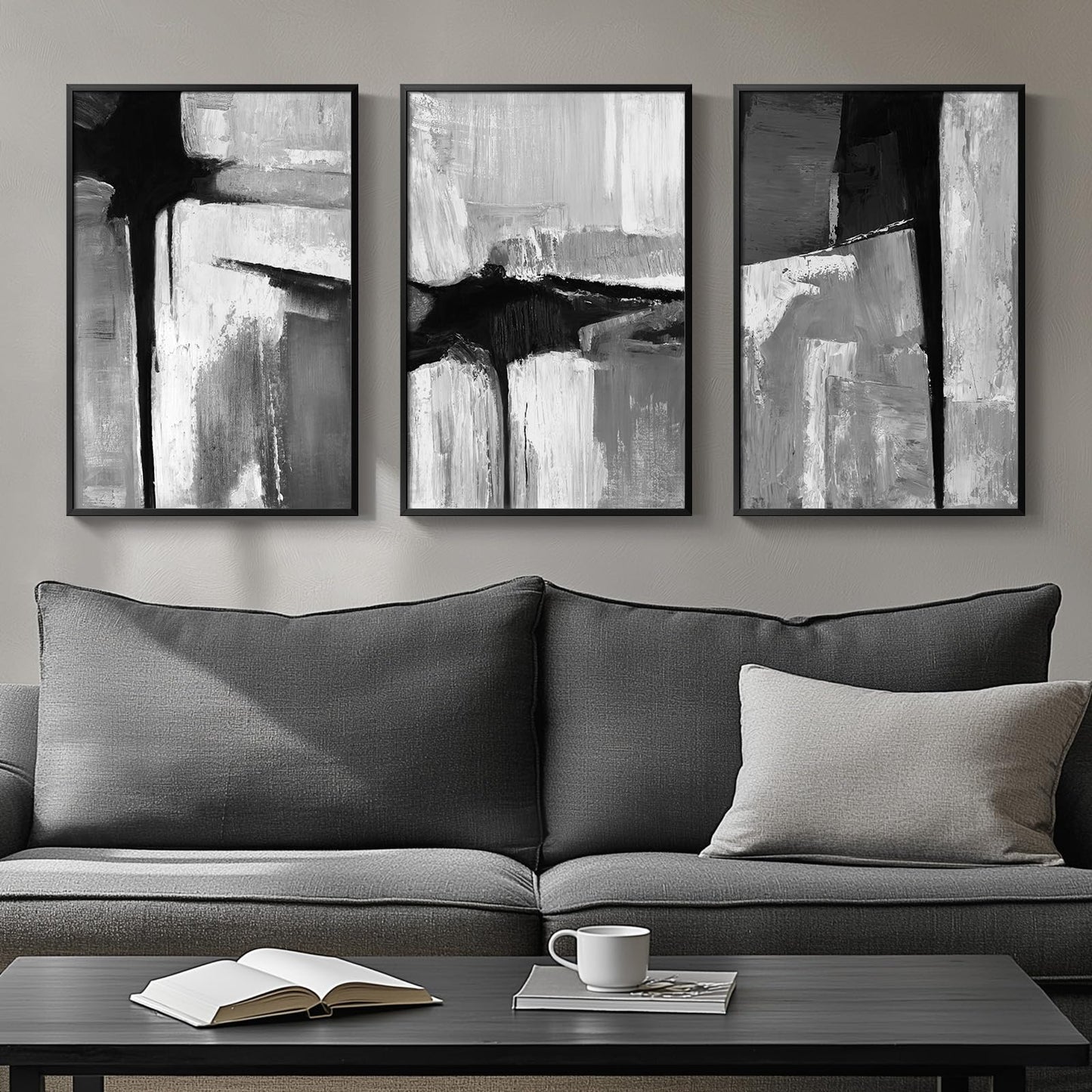 Framed Black and White Gray Modern Abstract Wall Art, Set of 3 Piece Big Canvas Paintings Artwork for Walls, Minimalist Art Prints Pictures for Living Room Hallway Bedroom Office Wall Decor 16x24 Inch