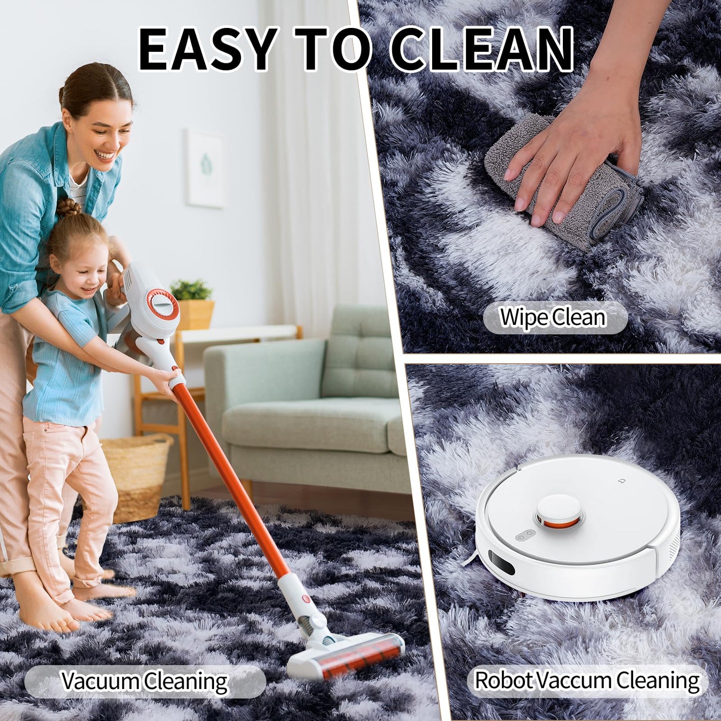 8x10 Area Rugs for Living Room Bedroom, Ultra Soft Fluffy Black and White Large Rug Carpet for Bedroom, Upgrade Non-Slip Fuzzy Shag Plush Rugs for Nursery Boys Girls Kids Room Modern Indoor Home Decor