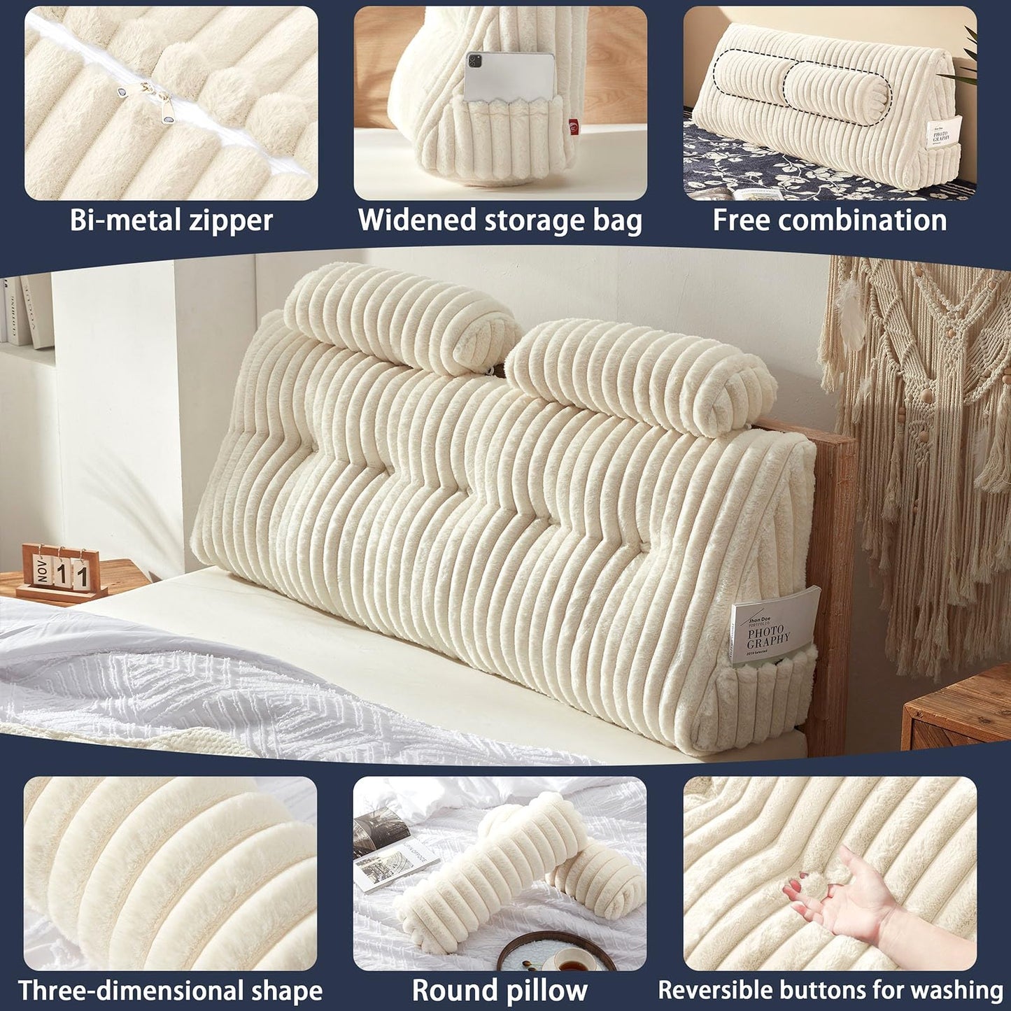 Rycwola Faux Fur Headboard Pillow with 2 Pack Neck Roll Pillow Large Headboard Pillow Soft and Supportive with Removable Cover (Beige, Queen)