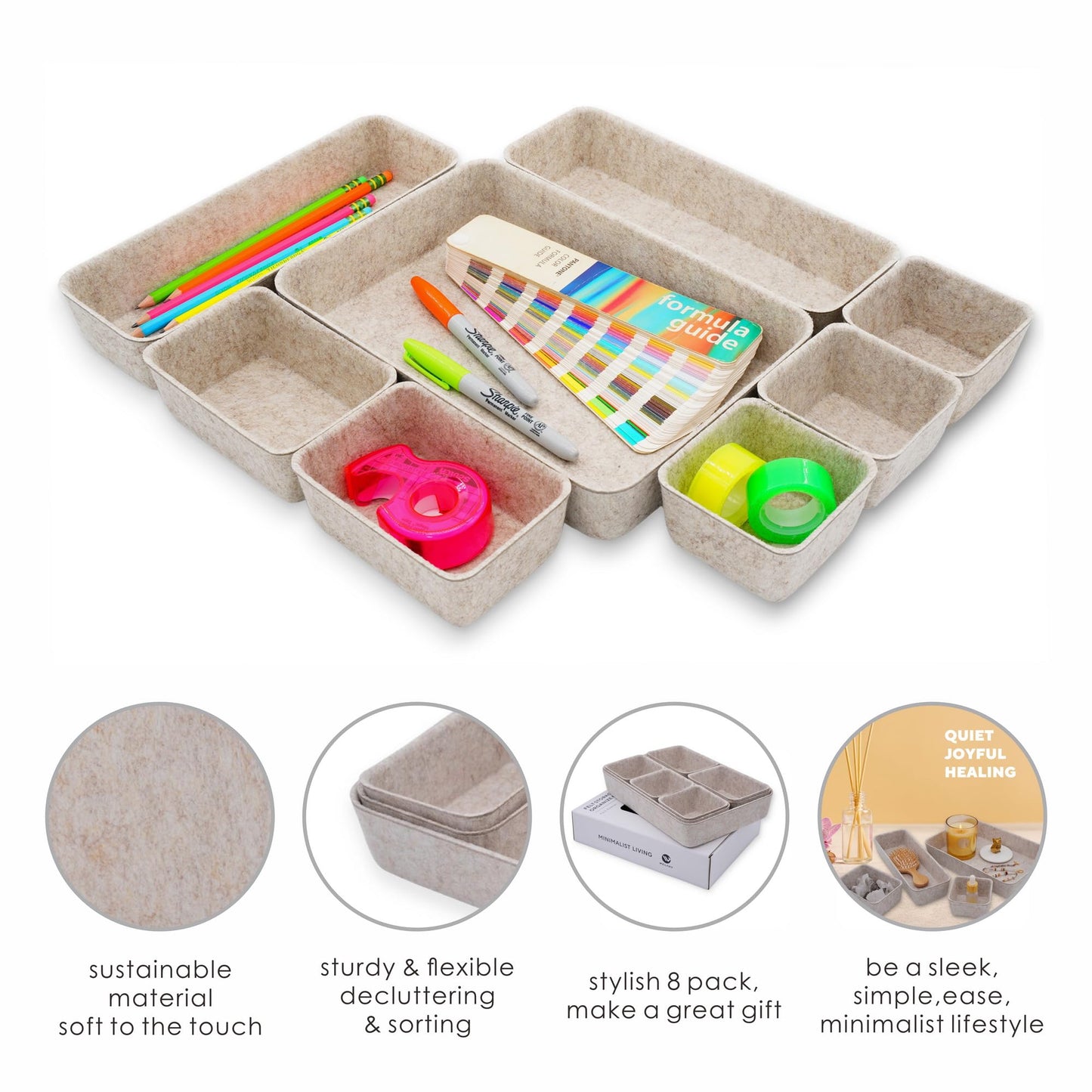 Welaxy 8pc Nordic Minimalist Desk Organizer Tray Beige Oatmeal Storage