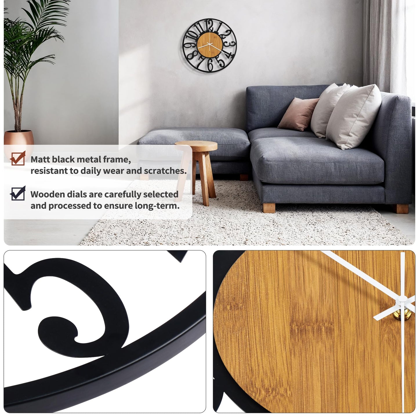 Maxstar Wall Clock Battery Operated,Silent Non-Ticking Modern Rustic Metal Round Clocks Small for Living Room/Bedroom/Office/Kitchen/Farmhouse Home Decor-14 Inch(Yellow-Wood)