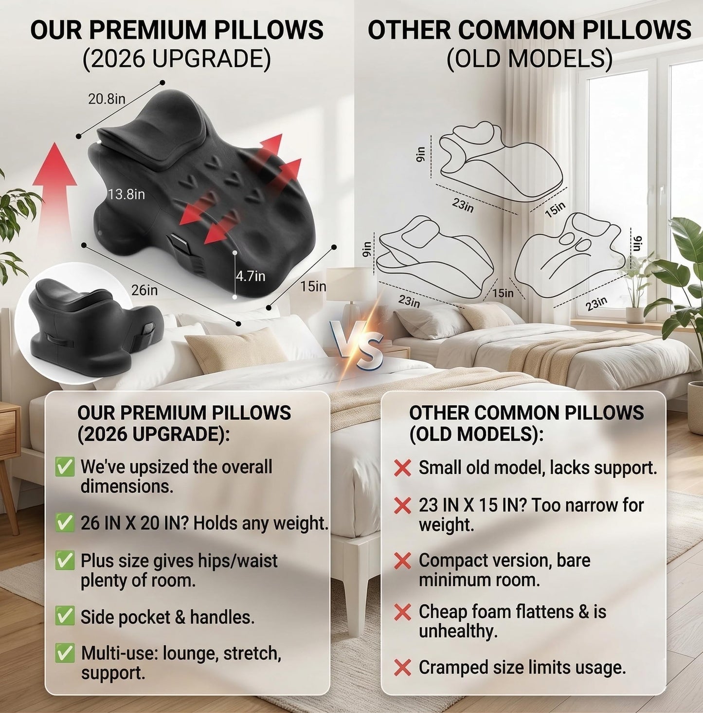 Extra Large Ergonomic Positioning Wedge Pillow, High-Density Memory Foam Support Cushion for Body Support, XL 26" x 20" Size, Multi-Functional Lounge Pillow with Side Pocket & Dual Handles (Black)