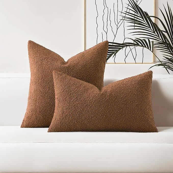 HAUSSY Set of 2 22x22 Decorative Throw Pillow Covers, Soft Cozy Textured Boucle Couch Cases, Home Decor for Couch Bed Living Room, Tobacco
