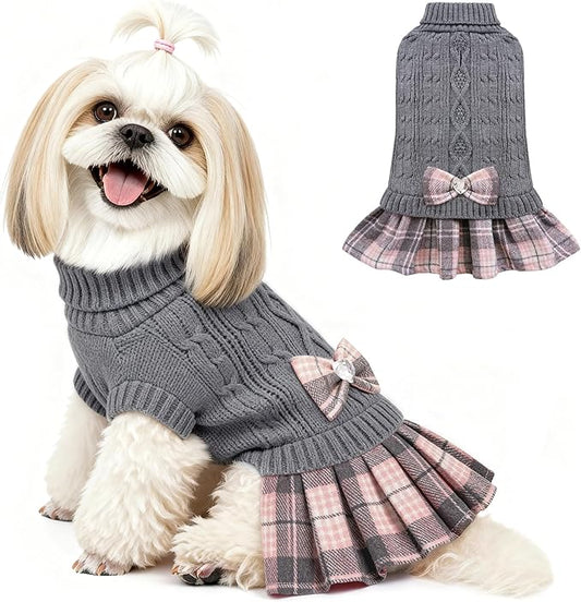 YUDODO Small Dog Sweater Dress with Bowtie Turtleneck - Knitted Pet Girl Dog Winter Clothes - Pet Warm Sweater for Puppy Yorkies, Chihuahua (M Grey)