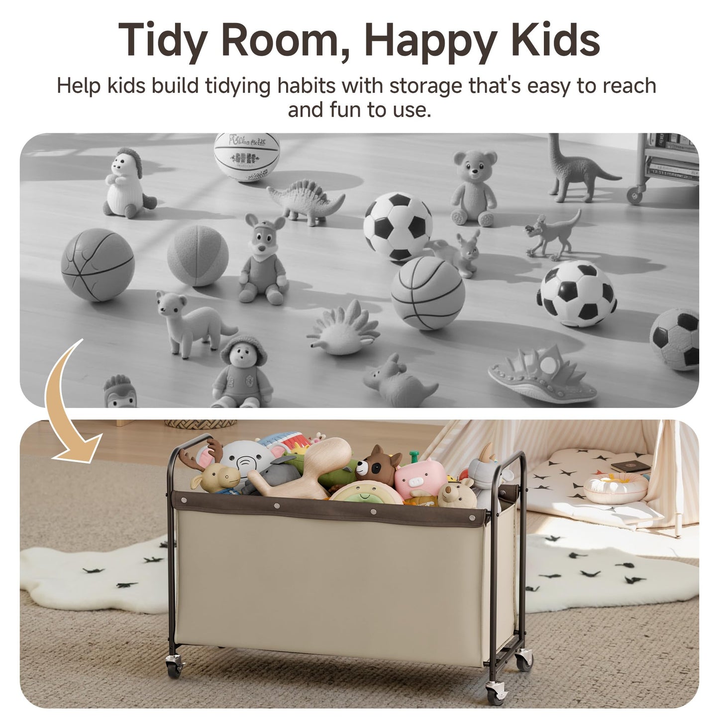 StorageWorks Toy Box with Wheels for Kids, 135L Large Toy Storage Chest and Organizer, 23" Metal Toybox with 360° Swivel Wheels for Bedroom, Kids Room, Stuffed Animal Storage, Light Khaki