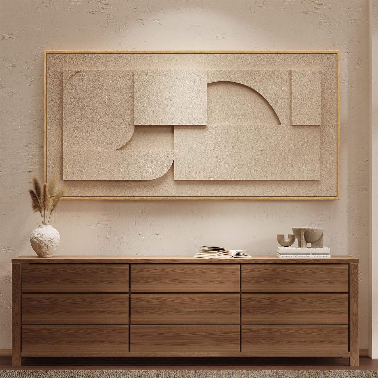 Large Framed 3D Neutral Abstract Wall Art for Living Room, Horizontal Modern Textured Paintings Artwork for Walls, Beige Geometric Pictures Wall Decor for Bedroom Dining Room Home Office, 60x30 In