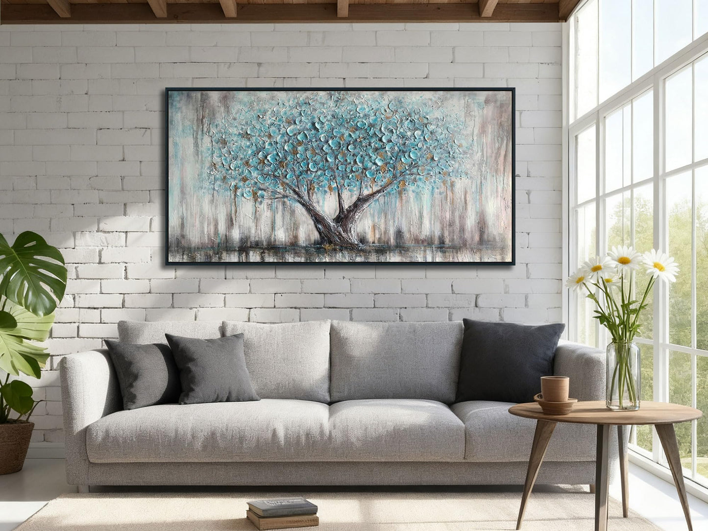 Arjun Framed Blue Tree Canvas Wall Art for Living Room Tree of Life Abstract Bedroom Textured Painting, Nature Picture Landscape Artwork Home Office Decor, Black Wood Large 40"x20"