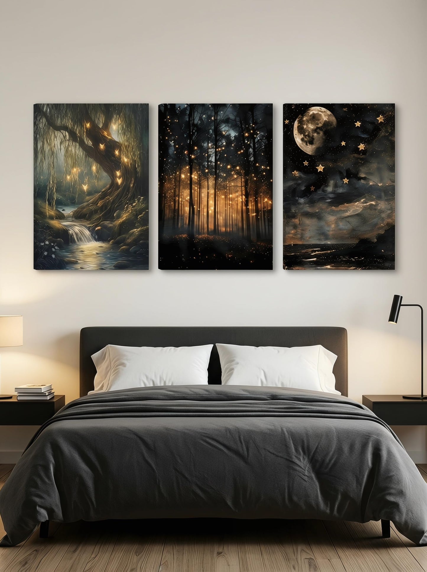 RYZopmuy Enchanted Forest Firefly Wall Art Set 3 Framed Moon Canvas Prints