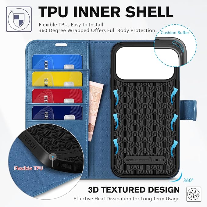 TUCCH Wallet Case for iPhone 17 Pro Max (6.9") 2025, 4 Card Slots, RFID Blocking, Stand, Shockproof TPU Shell, PU Leather, Magnetic Closure, Protective Flip Folio Cover, Light Blue