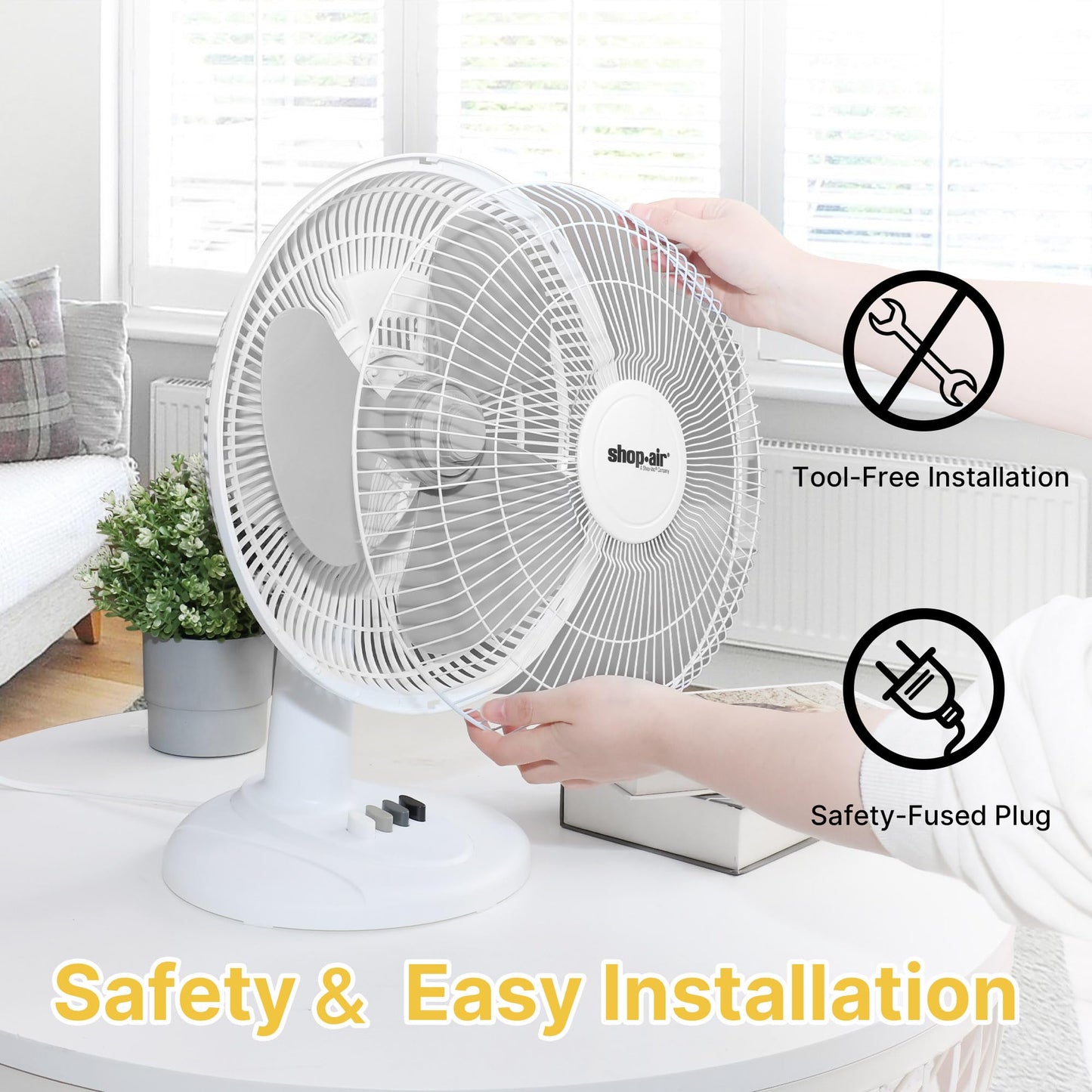 Shop-Air 12" Oscillating Table Fan, 3 Speeds, High-Velocity, Quiet & Powerful Air Circulation, 70° Adjustable Head Tilt,Ideal for Home, Bedroom or Office, White