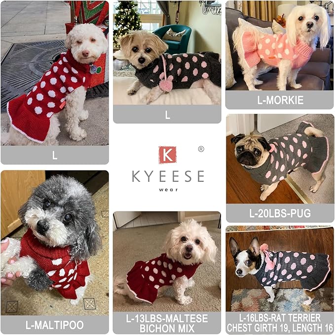 KYEESE Dog Sweater Dress Polka Dot Turtleneck Dogs Sweaters for Girl with Leash Hole Knit Pullover with Pom Pom Ball