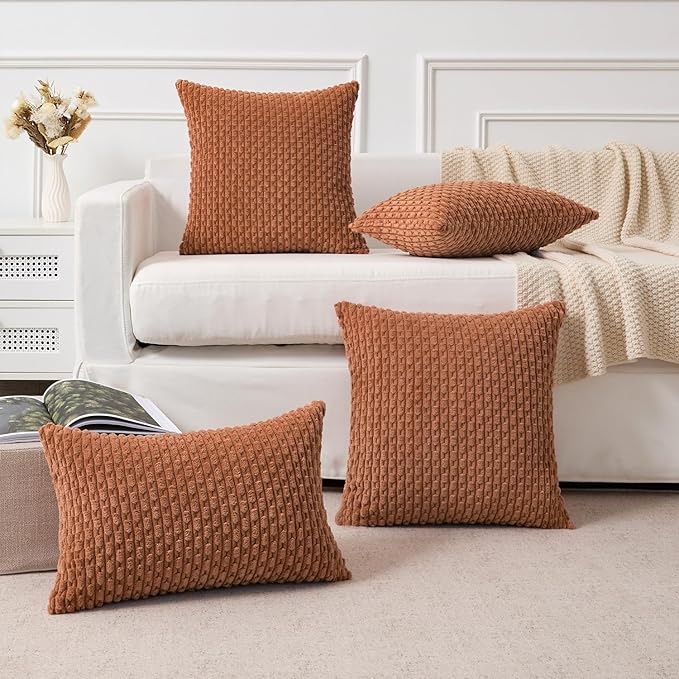 Kevin Textile Decorative Pillow Covers Set of 2 Striped Plush Corduroy Pillows Pillowcases Boho Home Decor Cushion Covers for Couch Sofa Bed Living Room 24x24 Inch, Burnt Orange